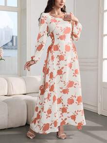SHEIN Najma Đầm cổ tròn tay phồng có dây rút bên hông, in họa tiết hai màu. - trái cam - Xem 3