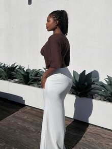Tyla Gomez Casual Solid Color Batwing Sleeve Cropped T-Shirt, Summer,Brown Top - Coffee Brown - View 6