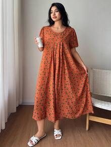 Dazy Plus 大尺碼優雅葉子與花卉圖案寬鬆A字長款睡裙，舒適睡眠服夏季睡衣 - 橘色 - 查看 6