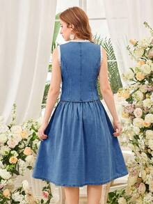 2件套蓝色牛仔无袖背心和百褶迷你裙，适合少女穿着 - 中等水洗藍 - 查看 7