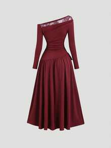 Sweetra Đầm midi nữ thời trang mới, thanh lịch, kiểu dáng bất đối xứng vai, phối ren tương phản, màu trơn, có nơ, tay dài, chất liệu co giãn. - Màu Đỏ Sâu - Xem 2