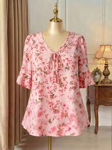 SHEIN Clasi Floral Pattern V-Neck Ruffled Double-Layer Mid-Sleeve Women Blouse - Pink - View 3