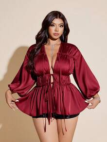 Viva Relle Plus Size Versatile Red Shirt With Front Tie, Suitable For Vacation - Orange - View 5