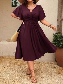 DreamSkyne Plus Size Women's Spring/Summer Chain Link Ruffle Twist Waist Textured Knit V-Neck A-Line Midi Dress - Burgundy - View 8