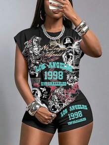 Slaydiva 2pcs Casual Minimalist Cartoon Pattern Women Summer Set - Multicolor - View 4