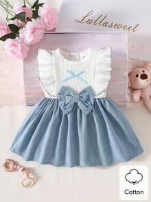 新生女宝宝白色无袖蕾丝领拼接粉色蝴蝶结连衣裙，新款优雅复古可爱面料舒适 - 藍色 - 查看 3