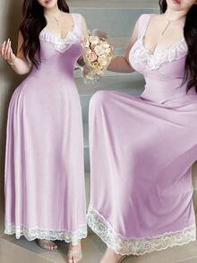 Vibekara Đầm cỡ lớn cổ kim cương, tay áo xếp ly tương phản. - Màu tím hoa cà - Xem 1