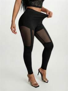 SHEIN SXY Mesh Patchwork Sexy Sheer Leggings - Black - View 5