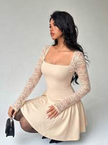 Aloruh Women's Square Neck Lace Patchwork Waist Ruched Flared Mini Dress - Apricot - View 7
