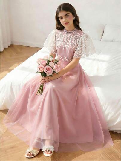 SHEIN Elegante vestido de malla blanca fluida con delicado adorno de encaje, apropiado para reuniones, fiestas de cóctel, salidas, adolescentes