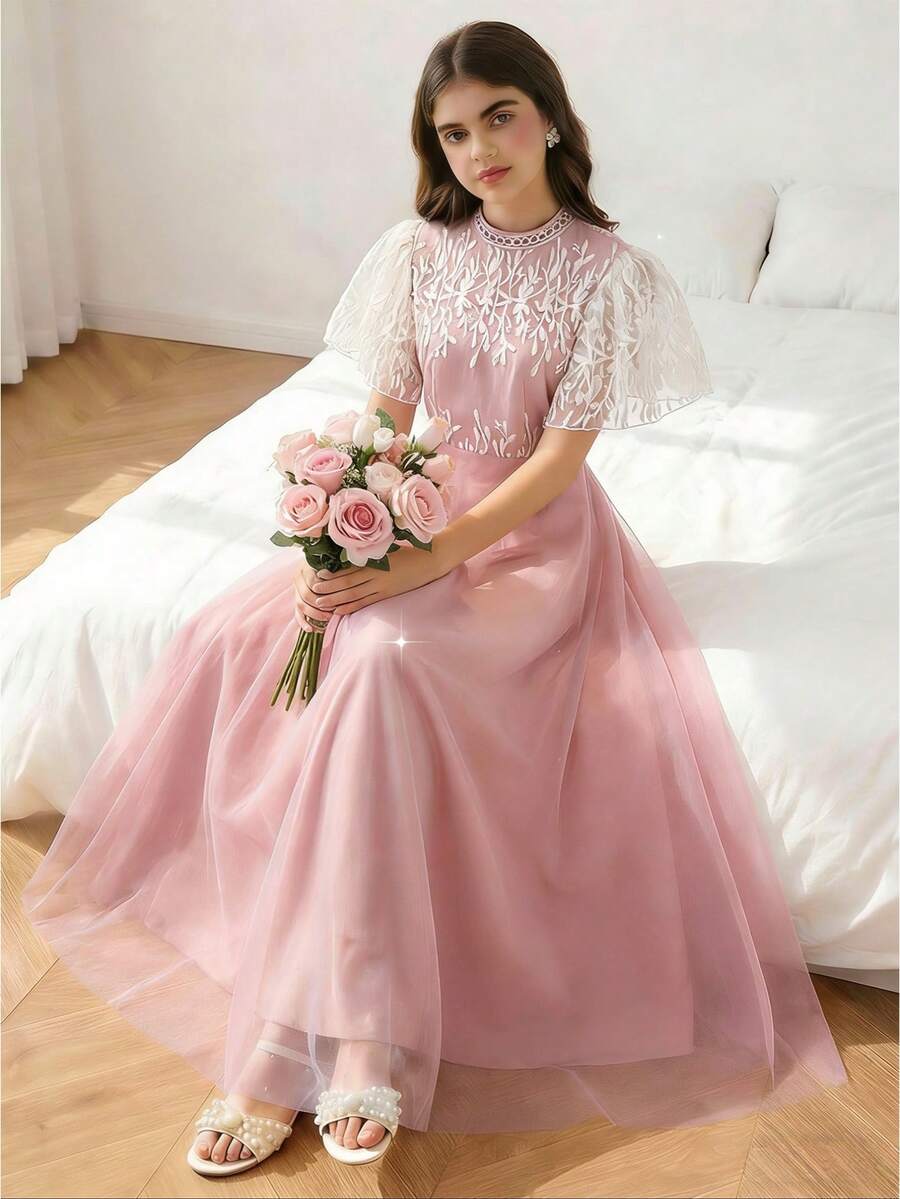 SHEIN Elegantes weißes fließendes Mesh-Kleid mit zarter Spitze, geeignet für Zusammenkünfte, Cocktailpartys, Ausflüge, Teenager-Mädchen - Pink - Übersicht 1