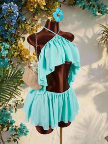 Amplova 女士雪纺两件套：露背吊带上衣，不对称下摆，双层飘逸荷叶边，搭配迷你裙，性感前卫，适合度假穿着。 - 水鴨藍 - 查看 11