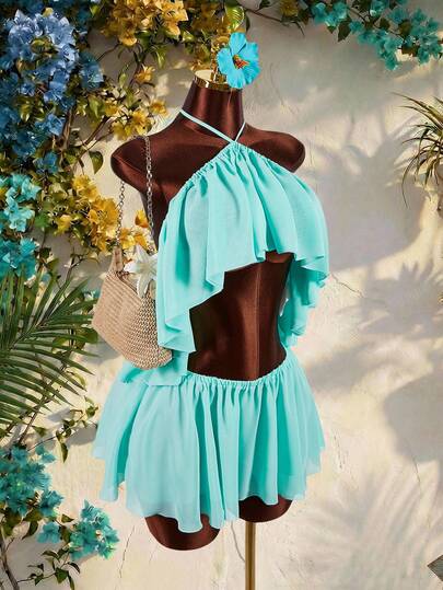 Amplova Women's Chiffon 2-Piece Set: Halter Backless Top With Asymmetrical Hem, Double-Layer Flowy Ruffle Trim, And Mini Skirt, Sexy And Avant-Garde, Suitable For Resort Wear Bahamas Outfit Dress Top 2 Piece Sets Woman Festival Two Piece Outfit Caribbean Outfits