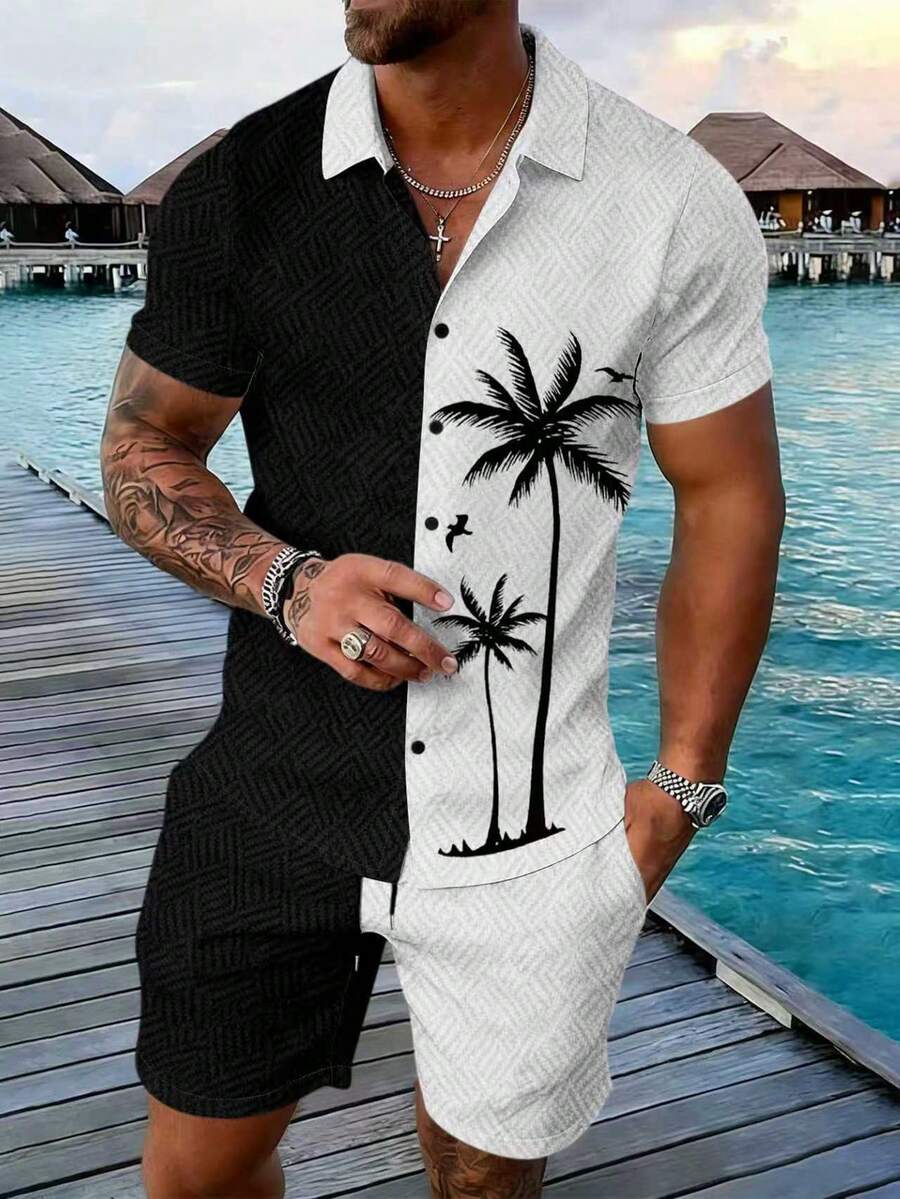 Manfinity RSRT Bộ đồ nam in hình cây cọ, tay ngắn và quần short, kiểu dáng thường ngày, thích hợp cho kỳ nghỉ. - Nhiều màu - Xem 1