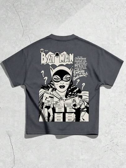 ROMWE MEN Batman X ROMWE 男士休闲动漫人物标语印花T恤，夏季