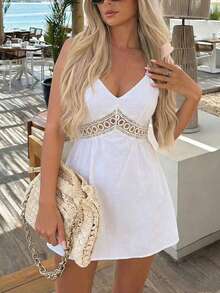 SHEIN Holidaya Đầm midi dây mảnh màu trắng ren khoét gợi cảm, thanh lịch và thoải mái dành cho nữ; Thích hợp cho mùa hè, đi biển, dự tiệc, lễ tốt nghiệp, màu trắng ngà thường ngày và đi chơi. Trang phục mùa tốt nghiệp, trang phục đi làm thường ngày thời trang, trang phục công sở, trang phục thường ngày đa năng và sành điệu, trang phục chuyên nghiệp của giáo viên thành thị. Đầm trắng đi nghỉ mát, đầm trắng gợi cảm, đầm trắng mùa hè, đầm trắng đi biển, đầm trắng phong cách boho, trang phục mùa hè cho nữ, áo tắm, áo khoác ngoài áo tắm màu trắng. - trắng - Xem 4