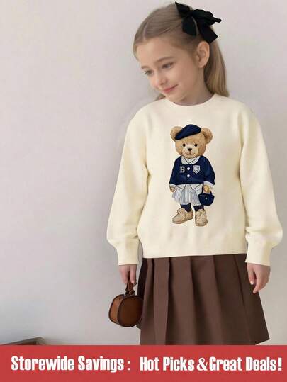 SHEIN 1pc Young Girl Long Sleeve Knit Sweater, Casual Minimalist Holiday Christmas Cute Denim-Like Texture Bow Print Comfortable Loose Fit Casual Sweater, Suitable For Autumn/Winter Wear, School Activities, Outdoor Winter Holiday, Christmas, Fashion Versatile, Soft Red Sweater