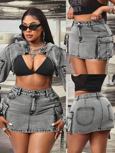 Slaydiva Plus Size Women High Waist Loose Denim Skirt
