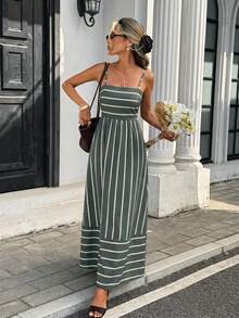 Serisse Đầm hai dây dáng suông kẻ sọc viền bèo dành cho nữ - màu xanh lá - Xem 12