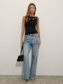 Nöista Sleeveless Black Top With Boat Neckline And Big Silver Eyelets On It, Slim Fit And Regular Length. Summer Outfit, Beach, Casual Look, Easter, Pring, Holiday, Vacay, Vactions Look. - Black - View 6