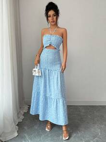 Rafferiza 女士褶裥露背优雅中长连衣裙，适合派对和聚会 - 藍白色 - 查看 3