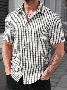 EGENSIO Textured Plaid Print Button Front Casual Short Sleeve Shirt - Black - View 5