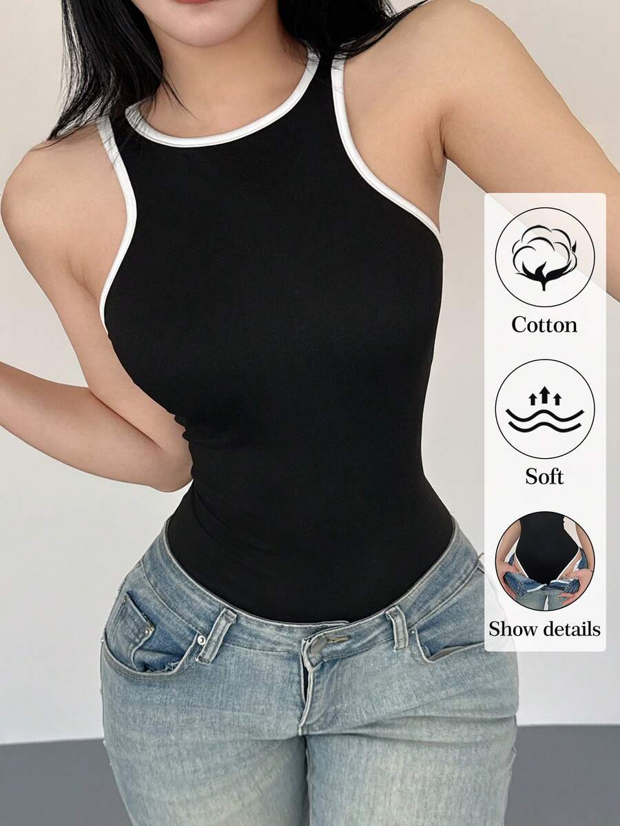 Rafferiza Women's Contrast Trim Round Neck Fitted Bodysuit, Versatile For Daily Wear