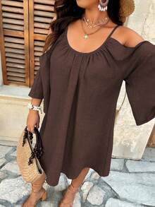 Weeklong Vestido midi casual de línea A con cuello redondo, fruncido, plisado, abertura y mangas 3/4 para tallas grandes - Marrón - Ver 6