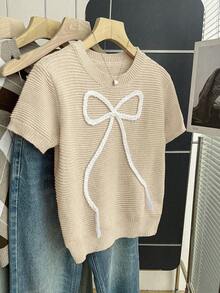 Franclia Nouveau pull en tricot rose doux et mignon avec nœud papillon pour femmes, printemps/été - Nude - Voir 4