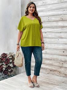 Rosumi Plus Size Women's Orange Button Embellished Short Sleeve Shirt For Spring - Green - View 5