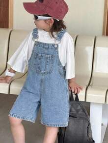 男童宽松蓝色牛仔背带短裤 - 淺色水洗藍 - 查看 6