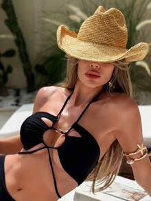 Swim SXY Knitted Solid Color All Swimwear Top With Back Tie - Black - View 4