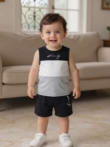 Set de 2 piezas para bebé y niño pequeño unisex de 0 a 3 años, con top de chaleco y pantalones cortos en patrones de color negro, blanco y gris. Conjunto cómodo y casual para uso diario, adecuado para interior, exterior, diario, deportes, juego, fiesta, fotografía, vacaciones, traje casual. - Multicolor - Ver 1