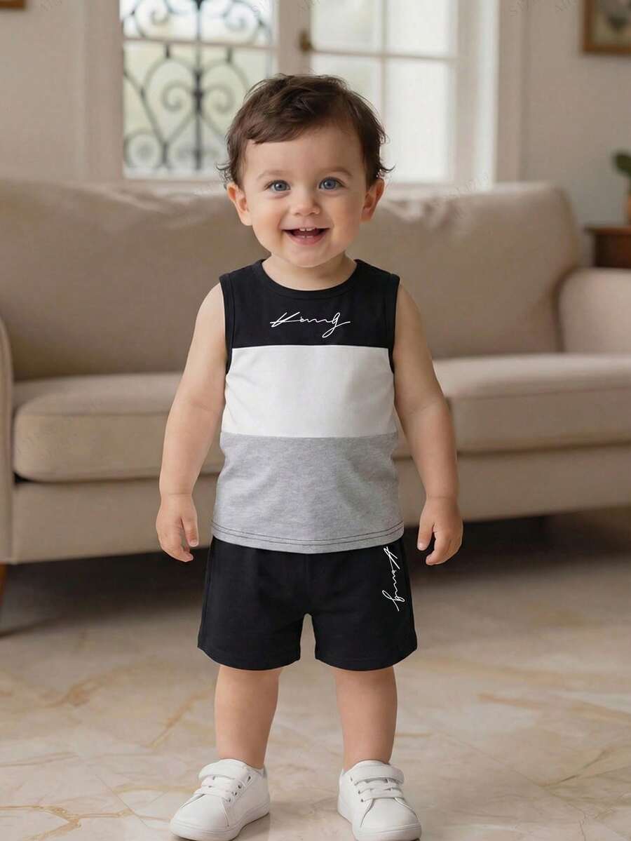 Set de 2 piezas para bebé y niño pequeño unisex de 0 a 3 años, con top de chaleco y pantalones cortos en patrones de color negro, blanco y gris. Conjunto cómodo y casual para uso diario, adecuado para interior, exterior, diario, deportes, juego, fiesta, fotografía, vacaciones, traje casual. - Multicolor - Ver 1