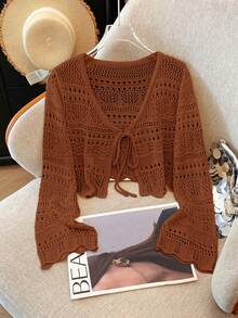 Franclia Áo khoác cardigan mỏng nhẹ, màu trơn, chất liệu ren móc rỗng, kiểu dáng đa năng dành cho nữ. - Rỉ Nâu - Xem 6