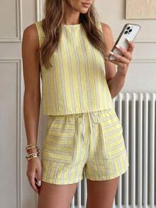 Easowa 女士休闲条纹无袖上衣和裤子两件套，夏季套装 - 黃色 - 查看 8