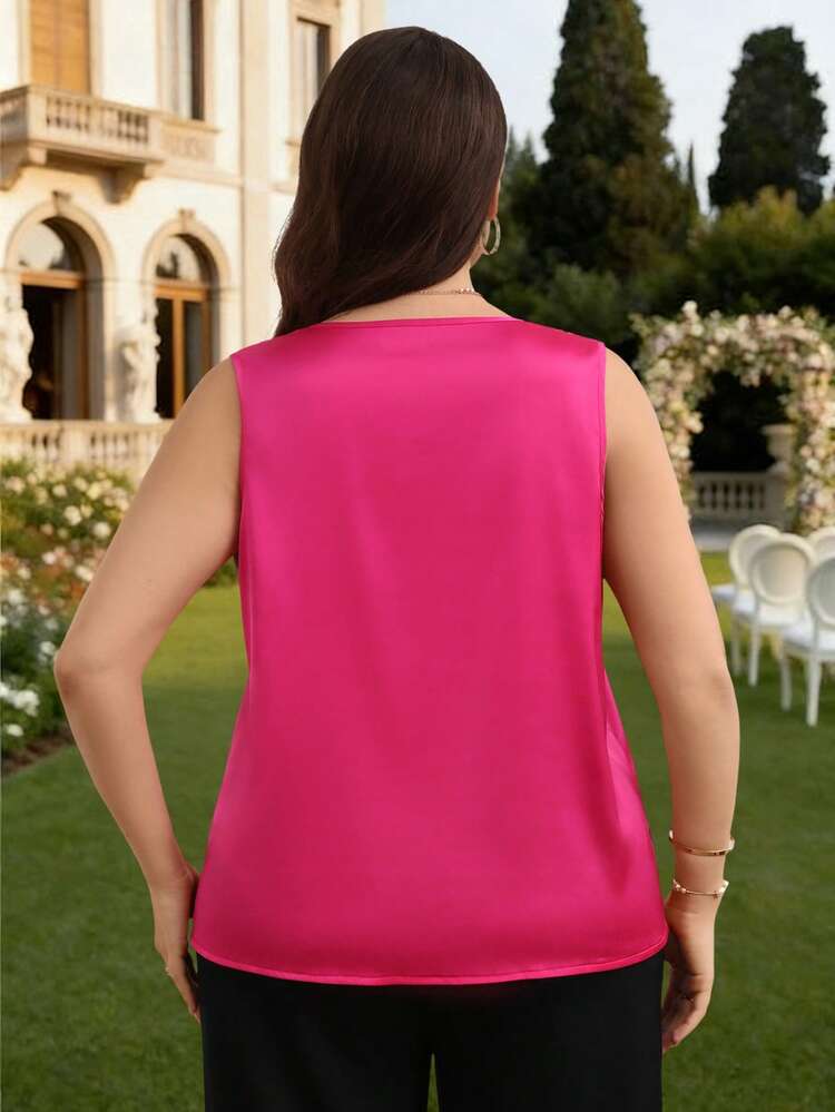 Plus Size Women Rose Red Sleeveless Ruffle Collar Blouse,Summer Outfits For Women Blouse For Women Elegant Elegant Tops For Women Buisness Casual Women Tops Blouse For Women Formal Latest Tops For Women New Arrivals