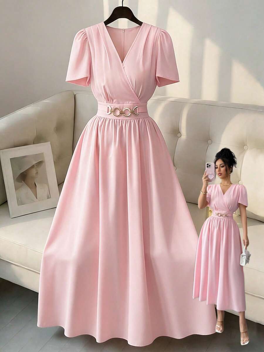 Elenzga Đầm nữ tay ngắn, xếp ly, khóa kim loại, eo chun, dáng thanh lịch, thích hợp đi làm hàng ngày hoặc hẹn hò, mùa xuân/hè. - Hồng - Xem 1