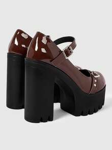 Sugerpunk Giày cao gót đế xuồng hai quai màu đỏ tía quyến rũ dành cho nữ, giày bít mũi đính đá hình trái tim có khóa cài, giày Mary Jane đế dày, chống thấm nước, thích hợp cho các bữa tiệc đêm, Giáng sinh. - Màu nâu Sô-cô-la - Xem 7