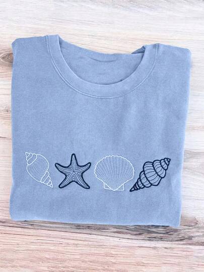 SHEIN Camiseta casual de mujer con cuello redondo y estampado de estrella de mar y concha marina