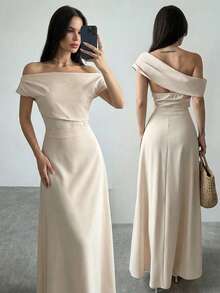Firerie Váy maxi màu mơ dịu dàng dành cho nữ, váy xòe cổ xếp ly thanh lịch, váy maxi cổ lệch không tay, phù hợp cho mùa xuân, mùa hè, mùa thu, mùa đông, trang phục đi biển, phong cách sân bay, trang phục nghỉ dưỡng, thanh lịch, đi làm, gợi cảm, mùa cưới, lễ tốt nghiệp, tiệc tốt nghiệp, trang phục biểu diễn, hòa nhạc, trang phục công sở, trở lại trường, trang phục nghỉ dưỡng dành cho nữ, váy sinh nhật dành cho nữ, trang phục giáo viên nữ - Màu be - Xem 5