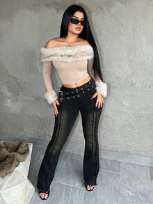 Dayanna Comas 女士长袖时尚露肩毛边长袖短款上衣露肩上衣毛边上衣 - 杏色 - 查看 5