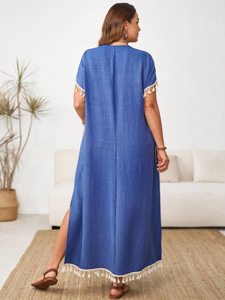 Plus Size Women Vacation Fringe V-Neck Side Slit Hem Casual Dress