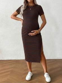 SHEIN Maternity Striped Minimalist Casual Short Sleeve Dress - Multicolor - View 3