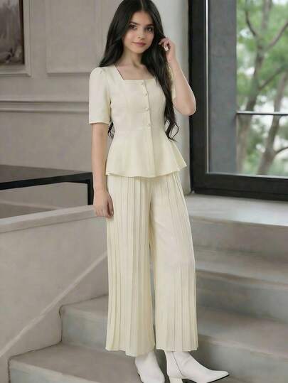 SHEIN Set 2 buc. fete, sacou cu mânecă petală și pantaloni drepți cu picior larg