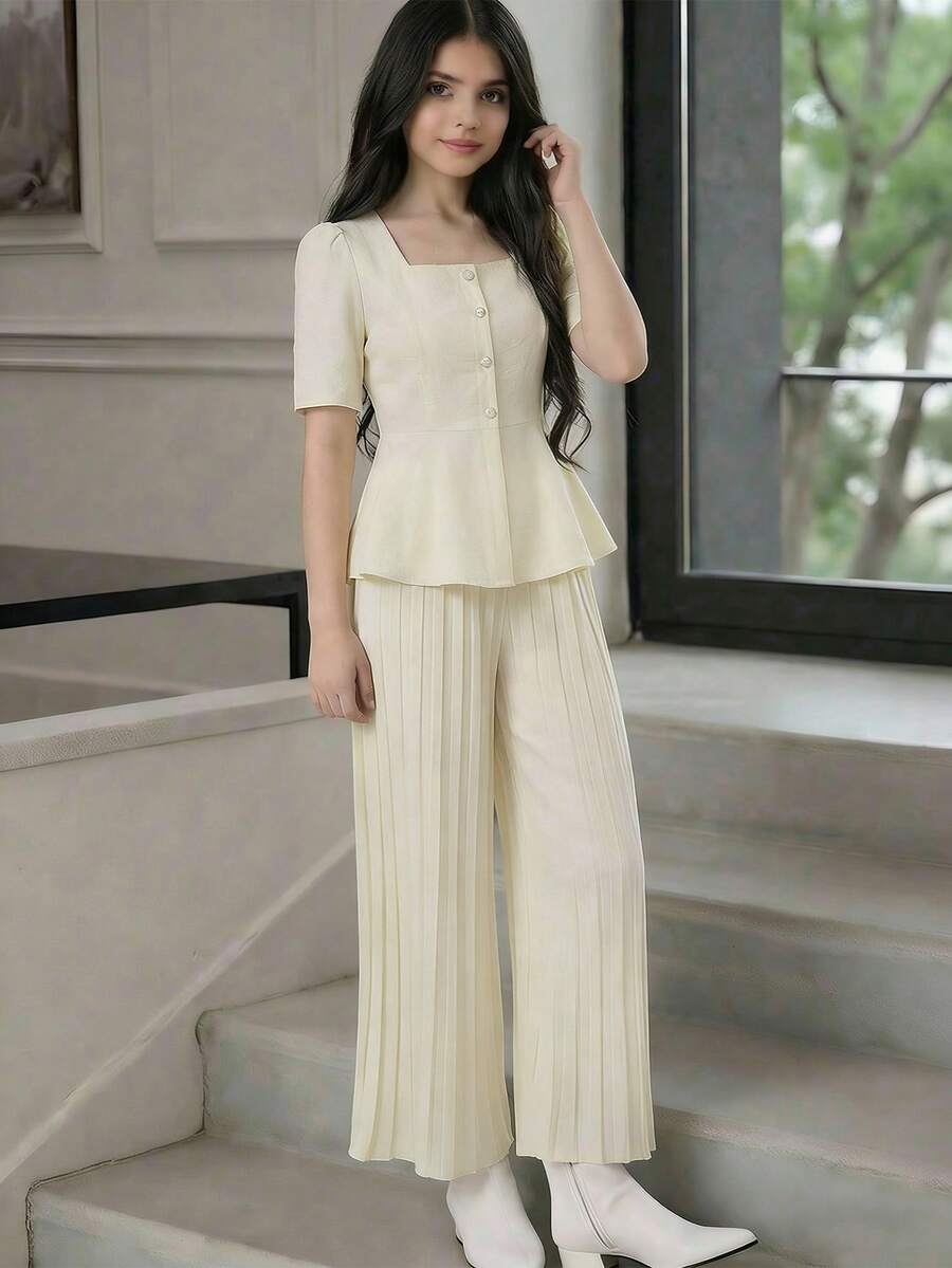 SHEIN 2件套女童花瓣袖西装上衣和直筒阔腿裤套装 - 杏色 - 查看 1