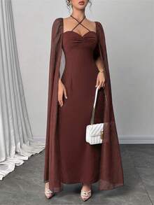 Modelyn Heavily Pleated Sexy Fitted Waist Flared Hem Dress For Women - Coffee - View 6