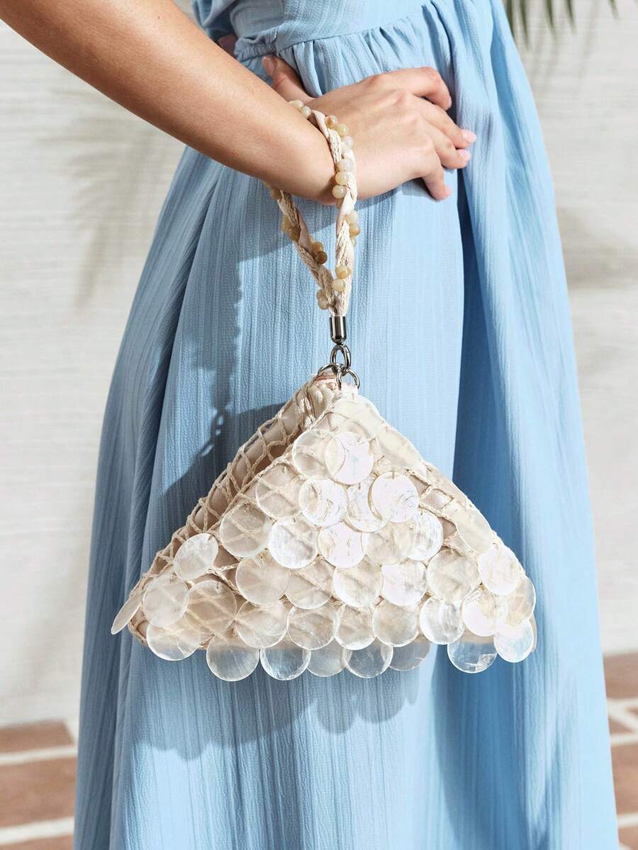 SHECARRY Túi tote phong cách lễ hội thủ công bằng lưới đính hạt vỏ sò tự nhiên - Màu be - Xem 1