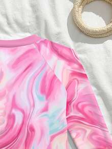 SHEIN 粉色扎染印花长袖泳衣，腰部镂空设计，适合海滩度假、游泳、泳池派对，少女连体泳衣 - 白色 - 查看 4