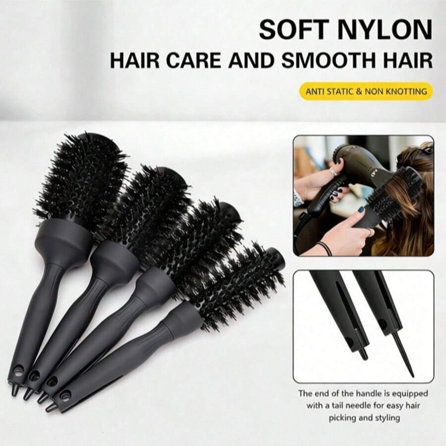 1 paquet Peigne rond ionique professionnel, cylindre métallique antistatique, poils en nylon, manche avec brosse à dents, sectionne les cheveux - convient pour les cheveux secs, coiffés, bouclés et lisses, convient à tous les types et volumes de cheveux, réduit les frisottis et l'huile, noir, 4 tailles, convient à toute la famille, peigne à cheveux, outil de coiffage, essentiel pour la coiffure, les salons de beauté, la rentrée scolaire, les voyages et les vacances.
